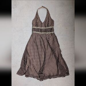 Julian Taylor Y2K Brown Halter Gold Polka Dot Midi  Dress Size 10